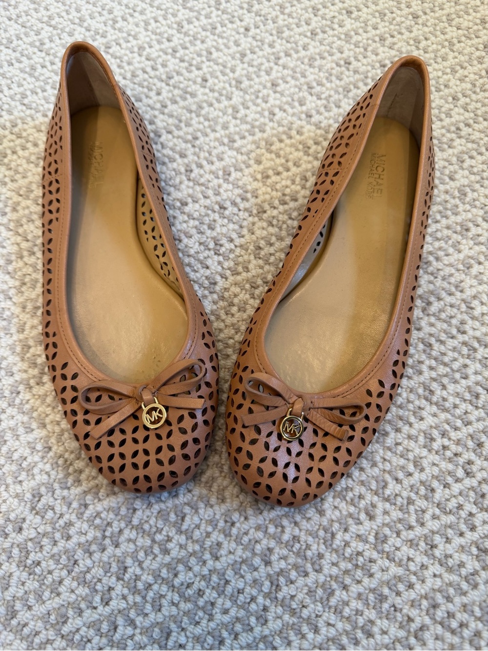 Michael Kors Cognac Perforated Leather Ballet Flats with Bow